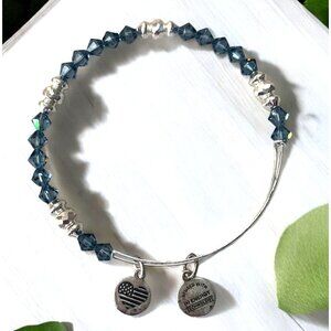 Alex & Ani Silver Plated Charm Bangle W/ Blue Acrylic & Silver Metal Beads